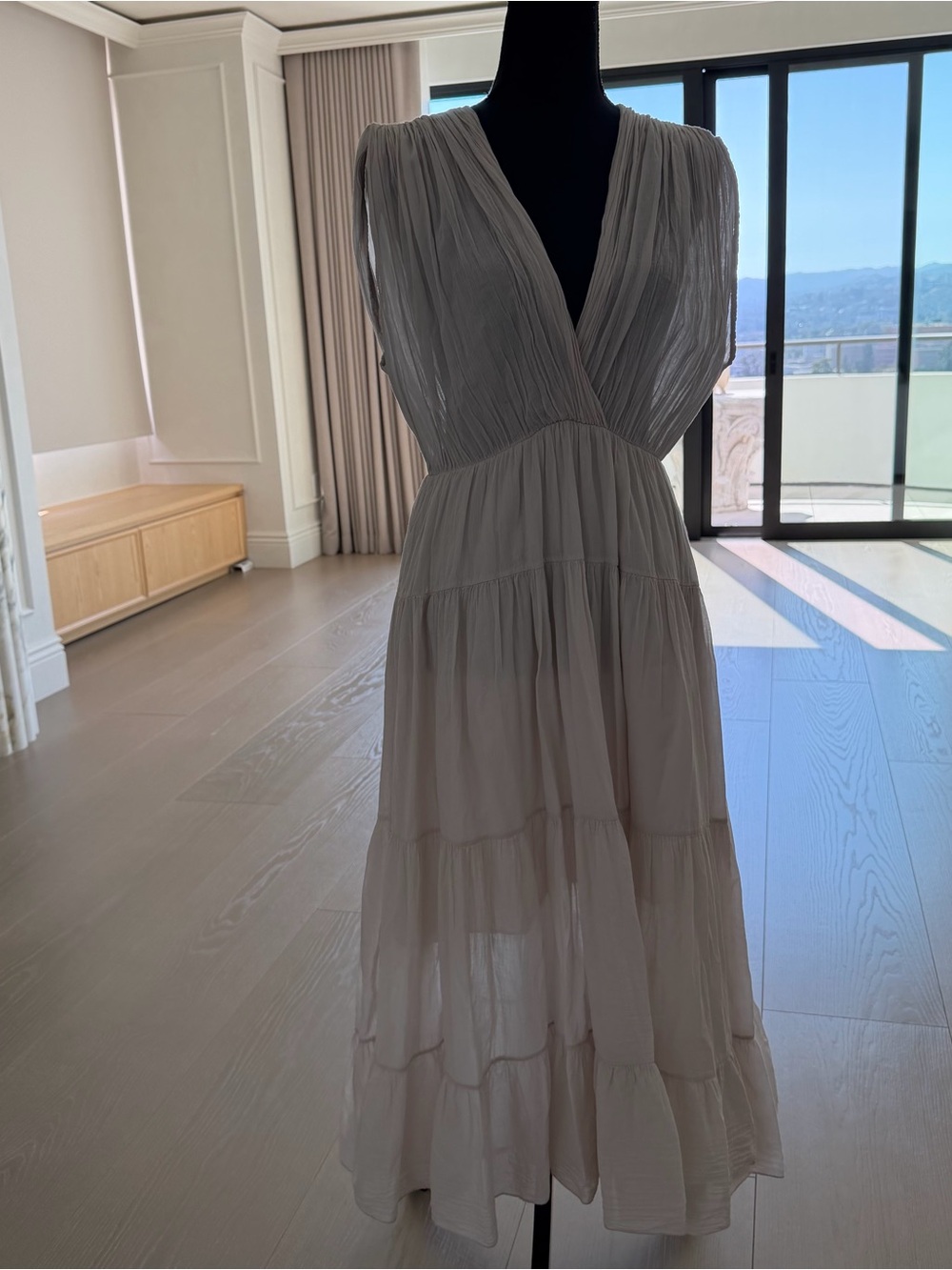Light Taupe Sleeveless V-Neck Tiered Maxi Dress